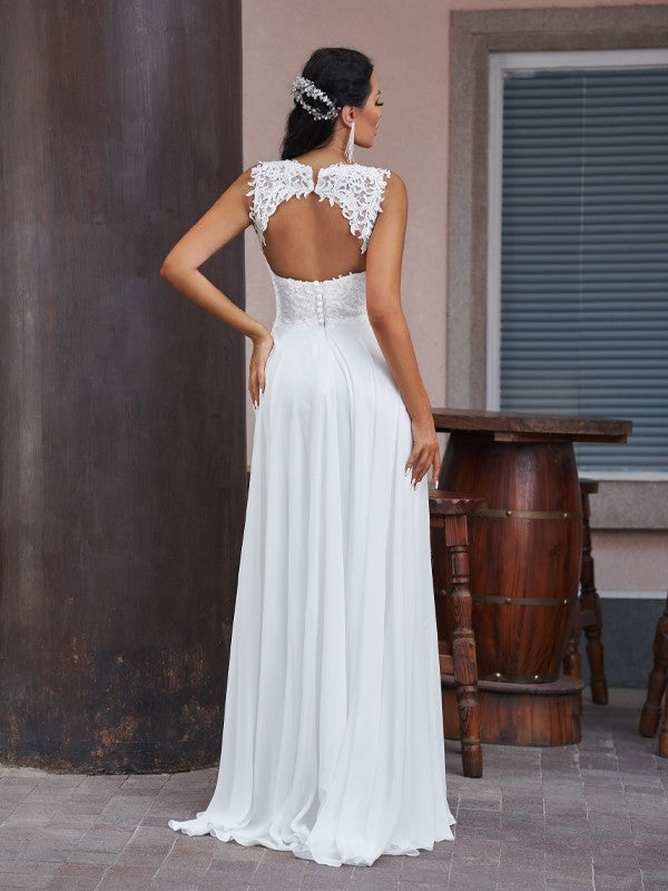 A-Line/Princess Chiffon Lace V-neck Sleeveless Floor-Length Wedding Dresses