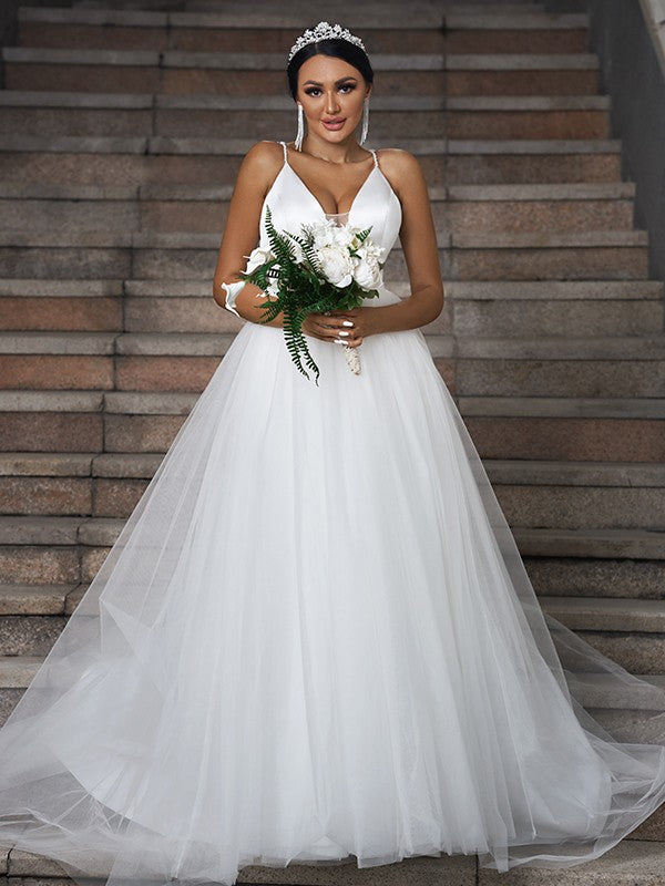 A-Line/Princess Tulle Ruffles V-neck Sleeveless Sweep/Brush Train Wedding Dresses