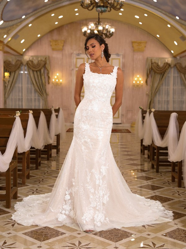 Sheath/Column Lace Applique Straps Sleeveless Sweep/Brush Train Wedding Dresses