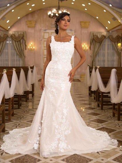 Sheath/Column Lace Applique Straps Sleeveless Sweep/Brush Train Wedding Dresses