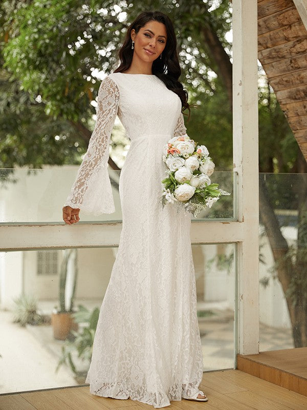 Sheath/Column Lace Scoop Long Sleeves Floor-Length Wedding Dresses