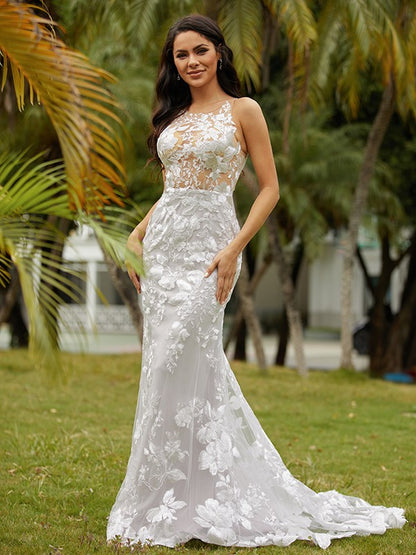 Sheath/Column Lace Scoop Sleeveless Sweep/Brush Train Wedding Dresses