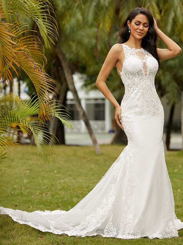 Sheath/Column Stretch Crepe Lace Scoop Sleeveless Cathedral Train Wedding Dresses