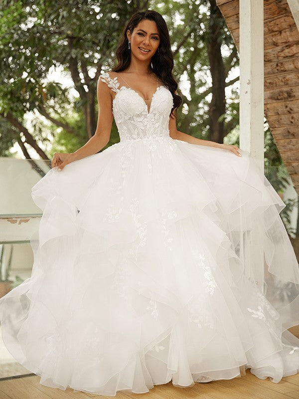 Ball Gown Tulle Applique V-neck Sleeveless Court Train Wedding Dresses ...