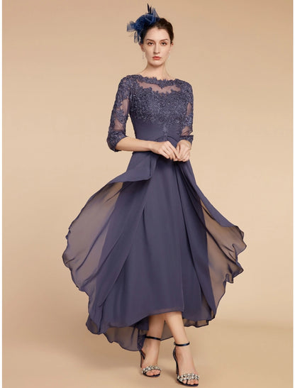A-Line Mother of the Bride Dress Wedding Guest Elegant Scoop Neck Ankle Length Chiffon Lace 3/4 Length Sleeve with Ruching Solid Color