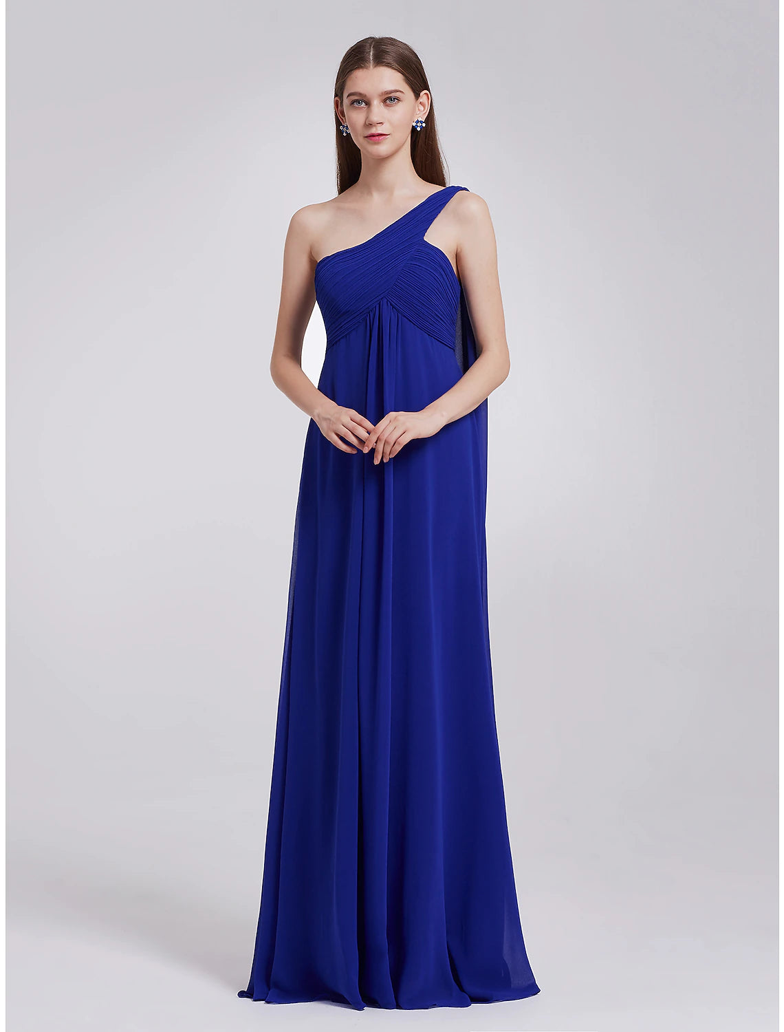 A-Line Evening Gown Empire Dress Wedding Guest Formal Evening Floor Length Sleeveless One Shoulder Bridesmaid Dress Chiffon Backless with Pleats Draping