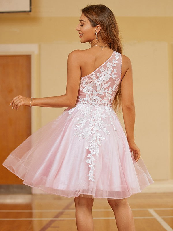 A-Line/Princess Tulle Lace One-Shoulder Sleeveless Short/Mini Dresses
