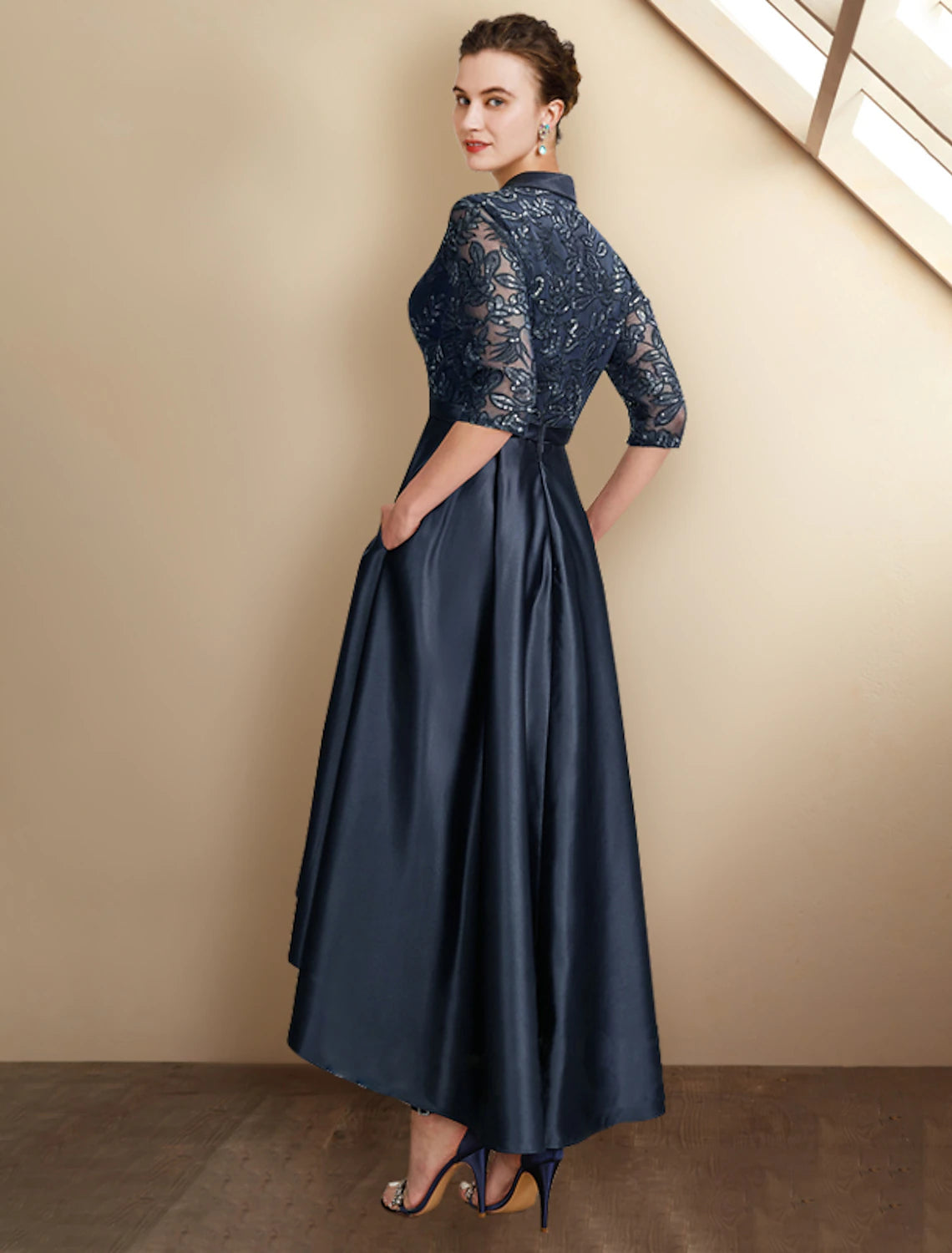 A-Line Mother of the Bride Dress Elegant Plus Size High Low Shirt Collar Asymmetrical Tea Length Satin Lace Half Sleeve with Pleats Sequin Appliques