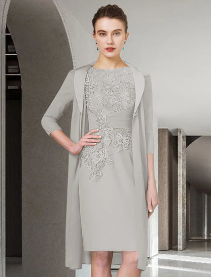 Two Piece Sheath / Column Mother of the Bride Dress Wedding Guest Church Elegant Plus Size Jewel Neck Knee Length Chiffon Lace Half Sleeve Wrap Included Jacket Dresses with Ruched Appliques