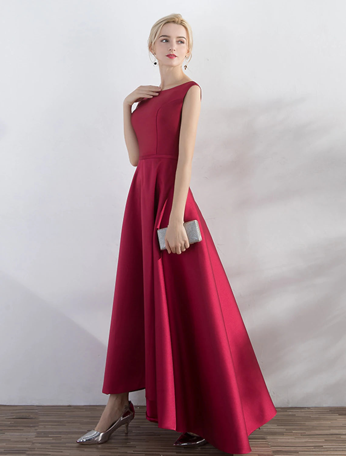 A-Line Evening Gown Christmas Red Green Dress Wedding Guest Party Wear Asymmetrical Sleeveless Jewel Neck Satin with Sleek