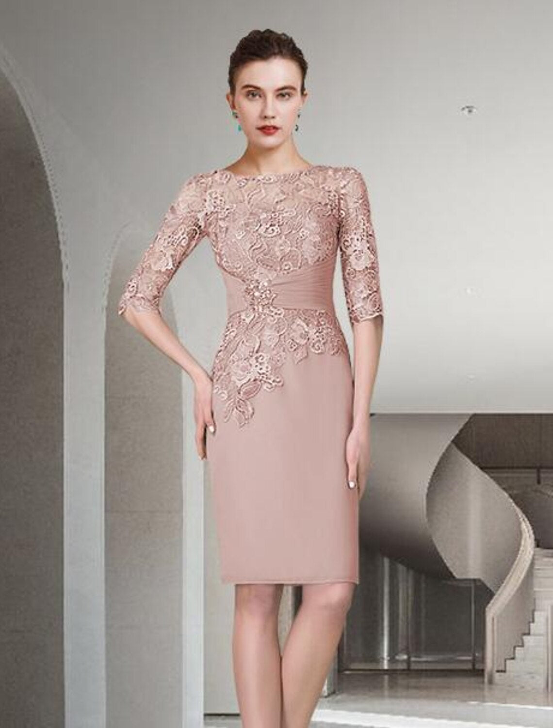 Two Piece Sheath / Column Mother of the Bride Dress Wedding Guest Church Elegant Plus Size Jewel Neck Knee Length Chiffon Lace Half Sleeve Wrap Included Jacket Dresses with Ruched Appliques