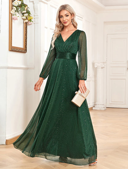 A-Line Evening Gown Sparkle & Shine Dress Formal Wedding Party Dress Floor Length Long Sleeve V Neck Chiffon with Sequin