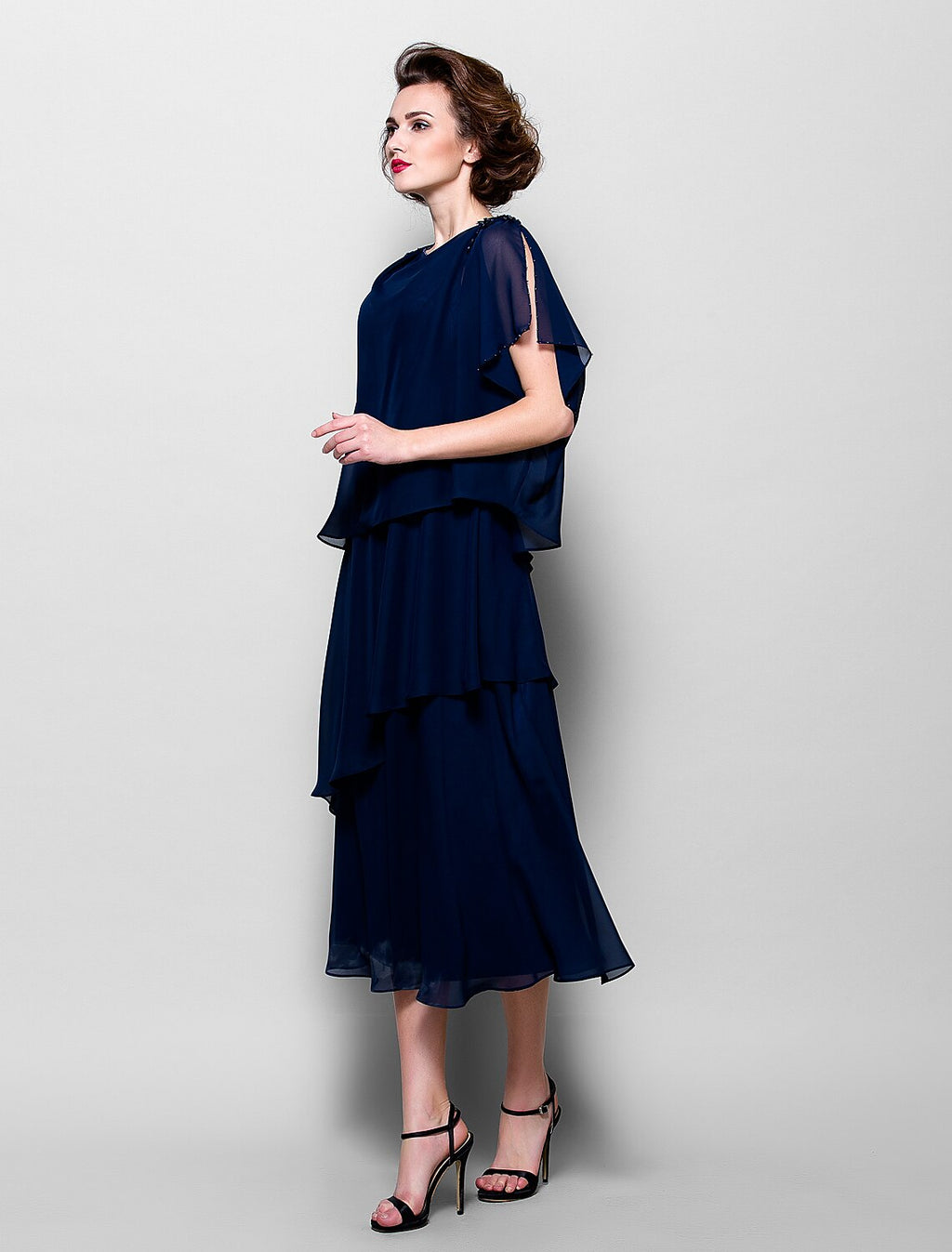 A-Line Mother of the Bride Dress Elegant Plus Size Cowl Neck Tea Length Chiffon Short Sleeve with Ruffles Crystal Brooch