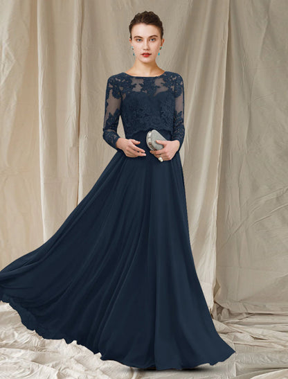 A-Line Mother of the Bride Dress Elegant Jewel Neck Floor Length Chiffon Lace Long Sleeve with Appliques