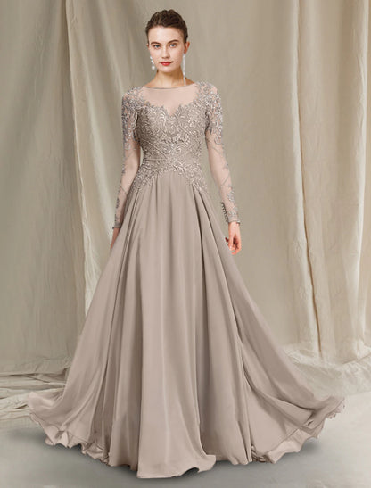 A-Line Mother of the Bride Dress Elegant Luxurious Jewel Neck Floor Length Chiffon Lace Long Sleeve with Pleats Appliques