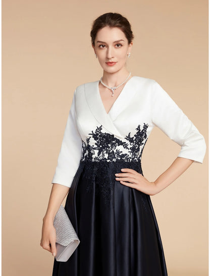 A-Line Mother of the Bride Dress Wedding Guest Elegant Petite V Neck Asymmetrical Satin Lace Half Sleeve with Ruching