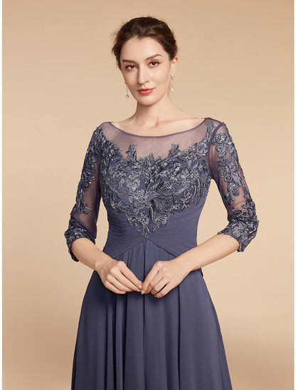 A-Line Mother of the Bride Dress Elegant V Neck Floor Length Chiffon Lace 3/4 Length Sleeve with Ruffles Appliques