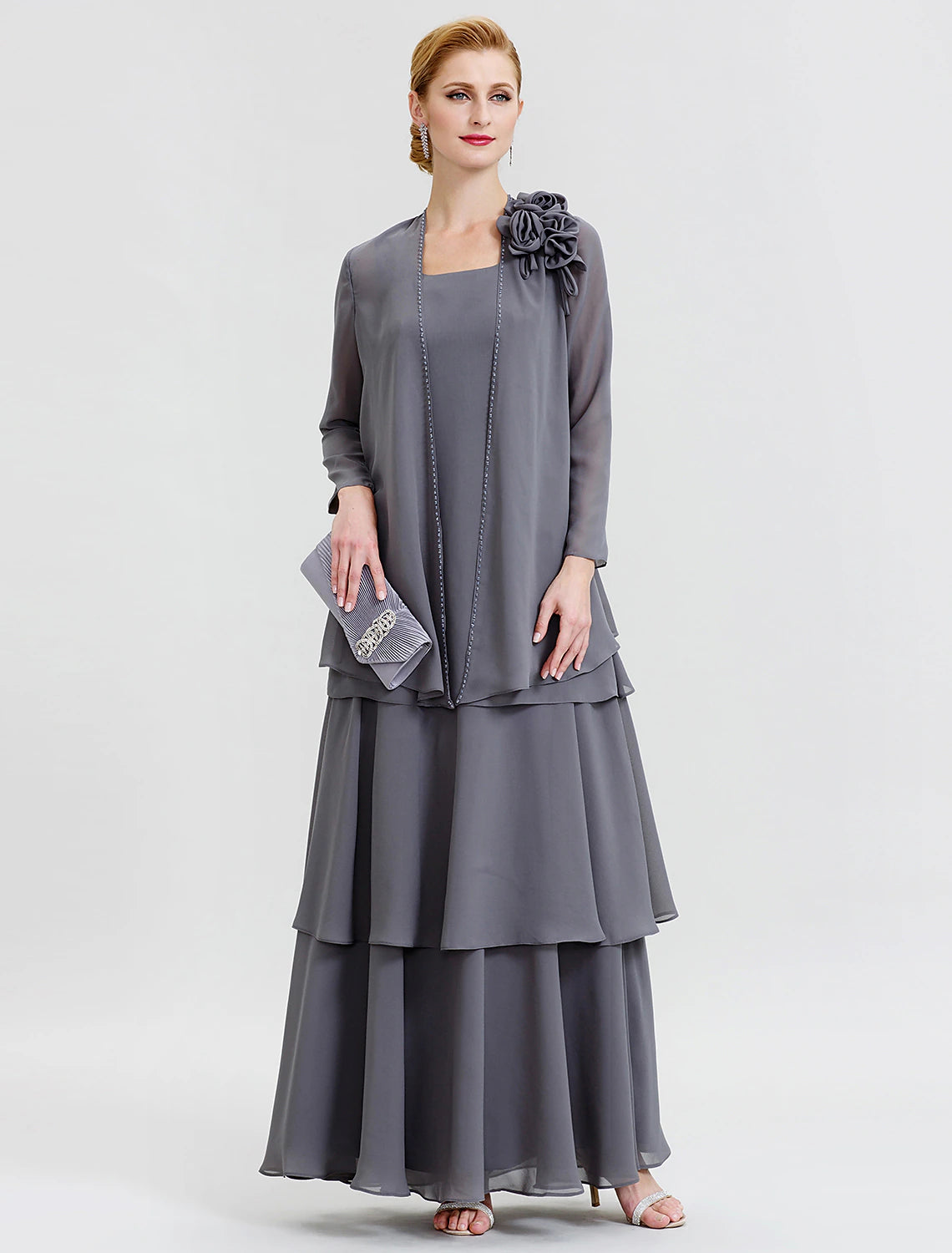 A-Line Mother of the Bride Dress Formal Floral Convertible Dress Scoop Neck Floor Length Chiffon Long Sleeve Wrap Included with Beading Flower Tiered