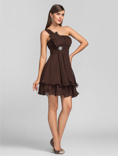 A-Line Minimalist Cute Dress Homecoming Cocktail Party Short / Mini One Shoulder Sleeveless Chiffon with Ruched Draping Crystal Brooch