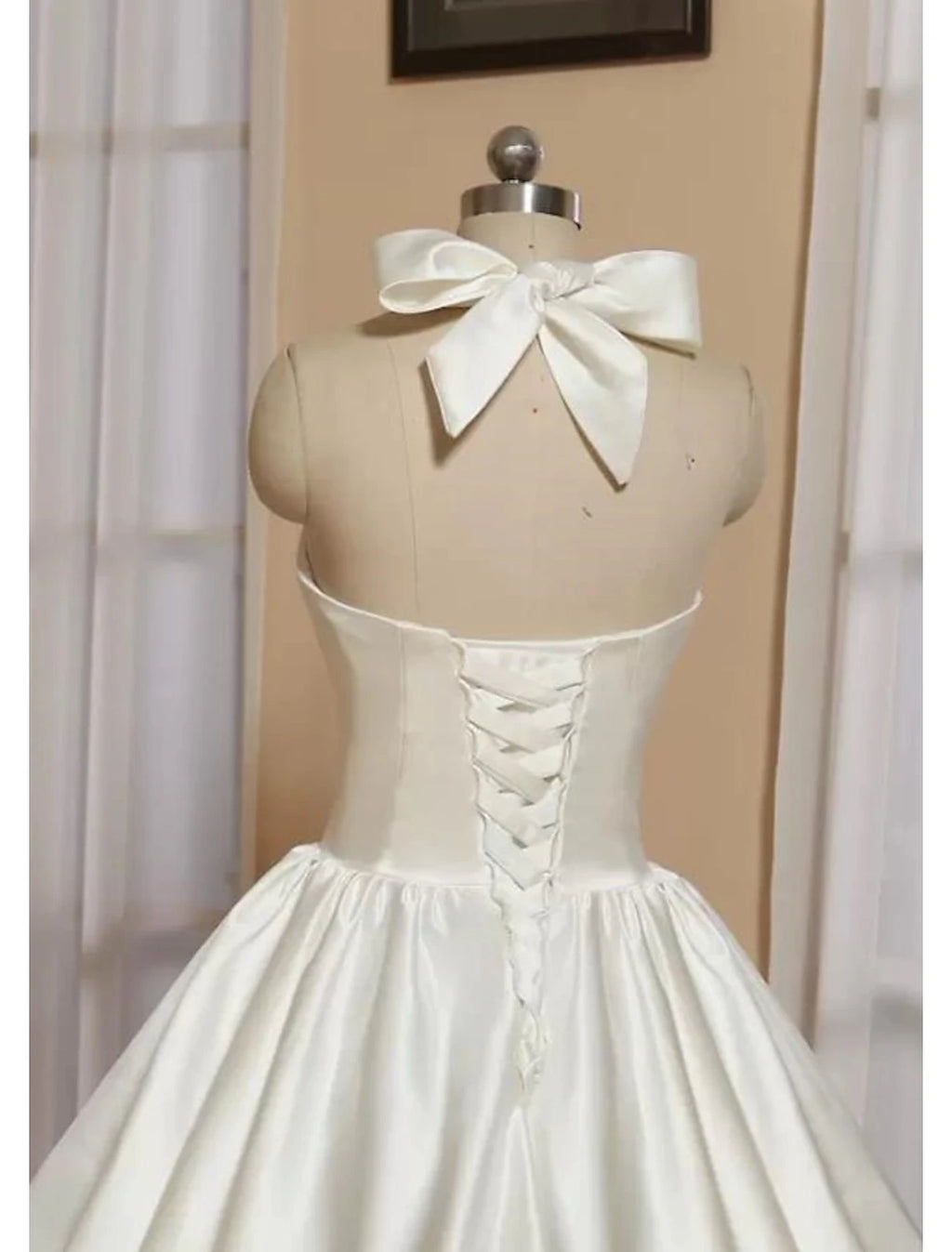 Ball Gown A-Line Cocktail Dresses Minimalist Dress Wedding Guest Engagement Tea Length Sleeveless Halter Neck Italy Satin with Butterfly Pure Color