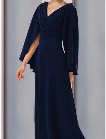 A-Line Mother of the Bride Dress Wedding Guest Elegant V Neck Sweep / Brush Train Stretch Chiffon Long Sleeve with Sequin Ruching Solid Color