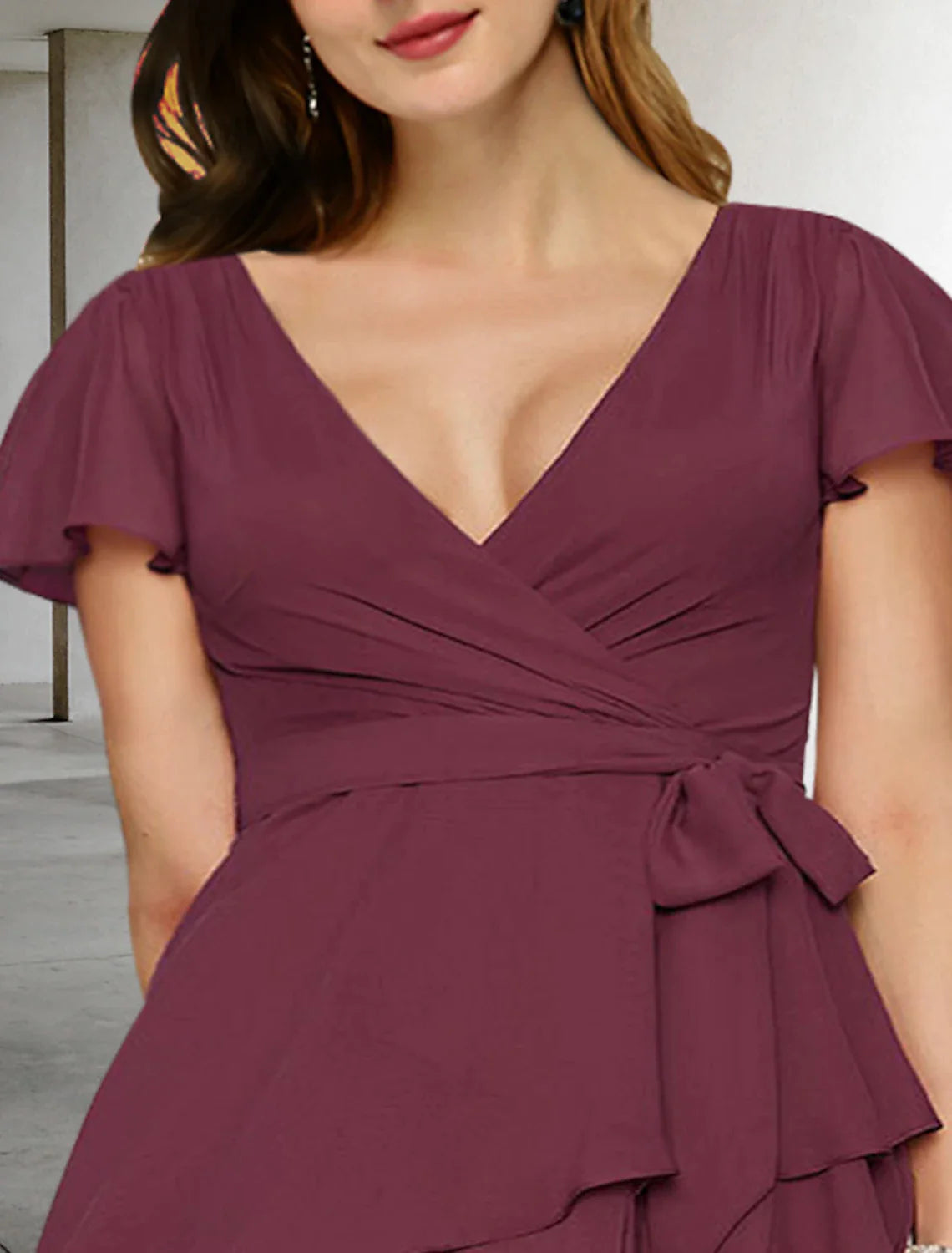 A-Line Mother of the Bride Dresses Plus Size Hide Belly Curve Vintage Dress Formal Floor Length Short Sleeve V Neck Chiffon with Ruffles Strappy Fall