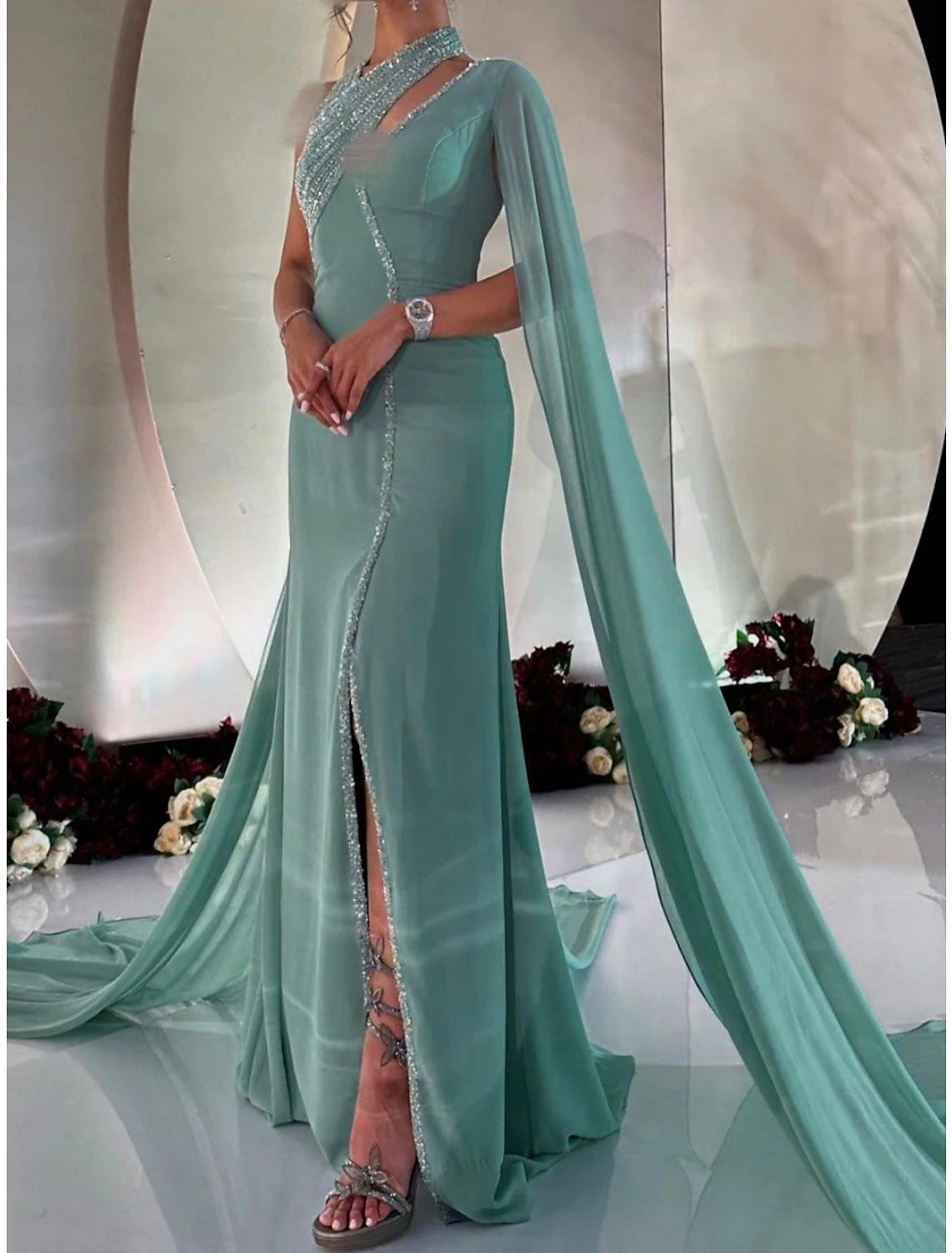 A-Line Evening Gown Elegant Dress Formal Court Train Sleeveless V Neck Sequined with Glitter Pleats Slit