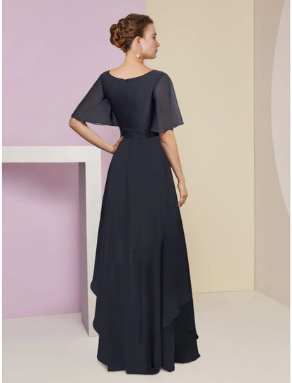 A-Line Mother of the Bride Dress Wedding Guest Elegant V Neck Floor Length Chiffon Short Sleeve with Crystal Brooch Ruching