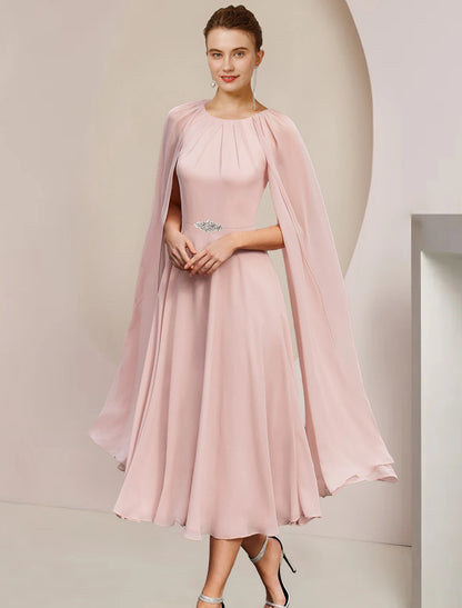 A-Line Mother of the Bride Dress Wedding Guest Elegant Party Scoop Neck Tea Length Chiffon Sleeveless with Pleats Crystal Brooch