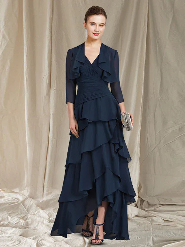 Two Piece A-Line Mother of the Bride Dress Elegant High Low V Neck Asymmetrical Floor Length Chiffon Short Sleeve Wrap Included with Ruched Ruffles