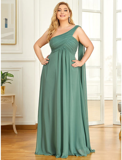 A-Line Evening Gown Empire Dress Wedding Guest Formal Evening Floor Length Sleeveless One Shoulder Bridesmaid Dress Chiffon Backless with Pleats Draping