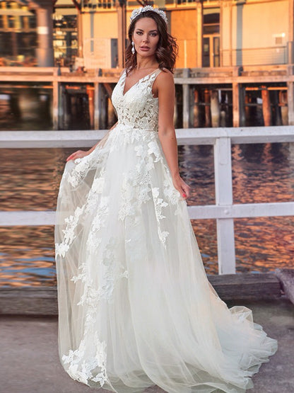 A-Line/Princess Tulle Sleeveless Applique V-neck Sweep/Brush Train Wedding Dresses