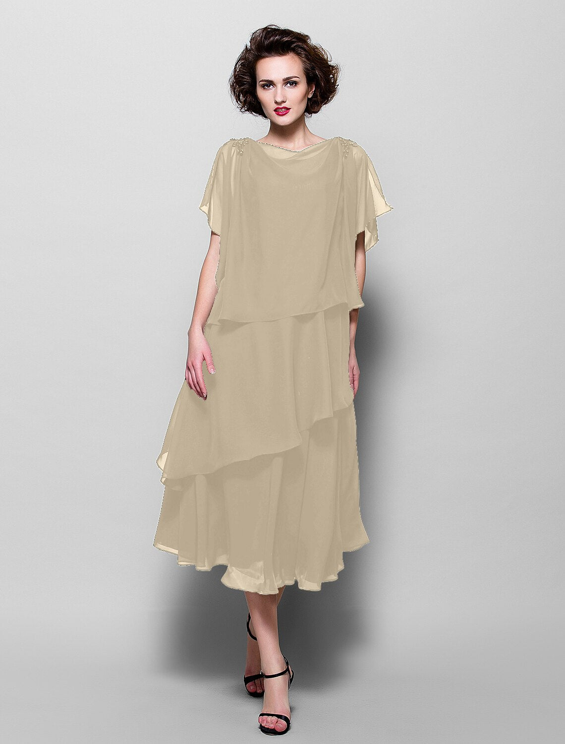 A-Line Mother of the Bride Dress Elegant Plus Size Cowl Neck Tea Length Chiffon Short Sleeve with Ruffles Crystal Brooch