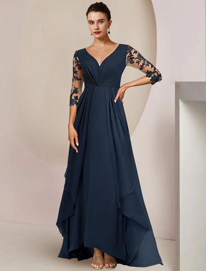 A-Line Mother of the Bride Dress Wedding Guest Elegant High Low V Neck Ankle Length Chiffon Lace 3/4 Length Sleeve with Sequin Appliques