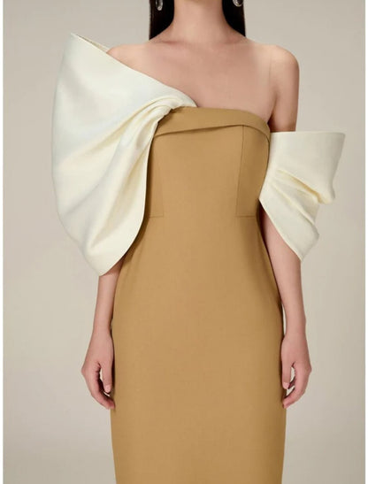Sheath / Column Evening Gown Elegant Dress Formal Tea Length Half Sleeve Off Shoulder Satin with Bow(s) Ruched
