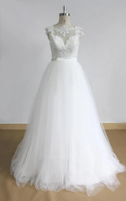 A Line Lace Open Back Tulle Wedding Dress