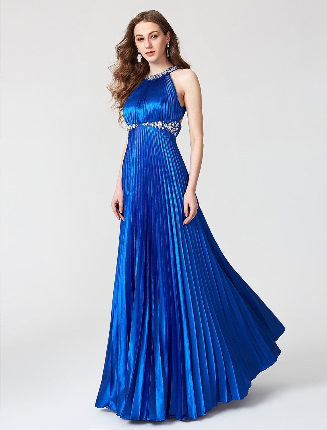 A-Line Beautiful Back Dress Holiday Cocktail Party Floor Length Sleeveless Jewel Neck Satin with Pleats Beading
