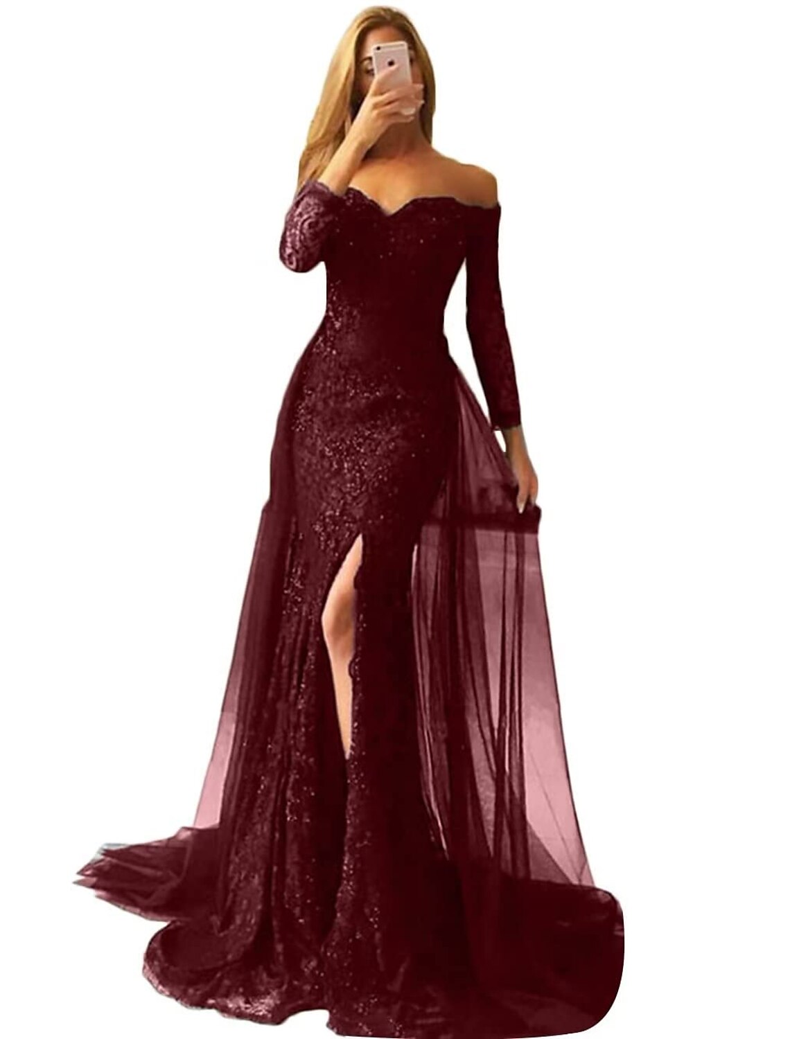 Mermaid / Trumpet Evening Gown Floral Dress Formal Wedding Sweep / Brush Train Long Sleeve Off Shoulder Fall Wedding Reception Chiffon with Slit Appliques