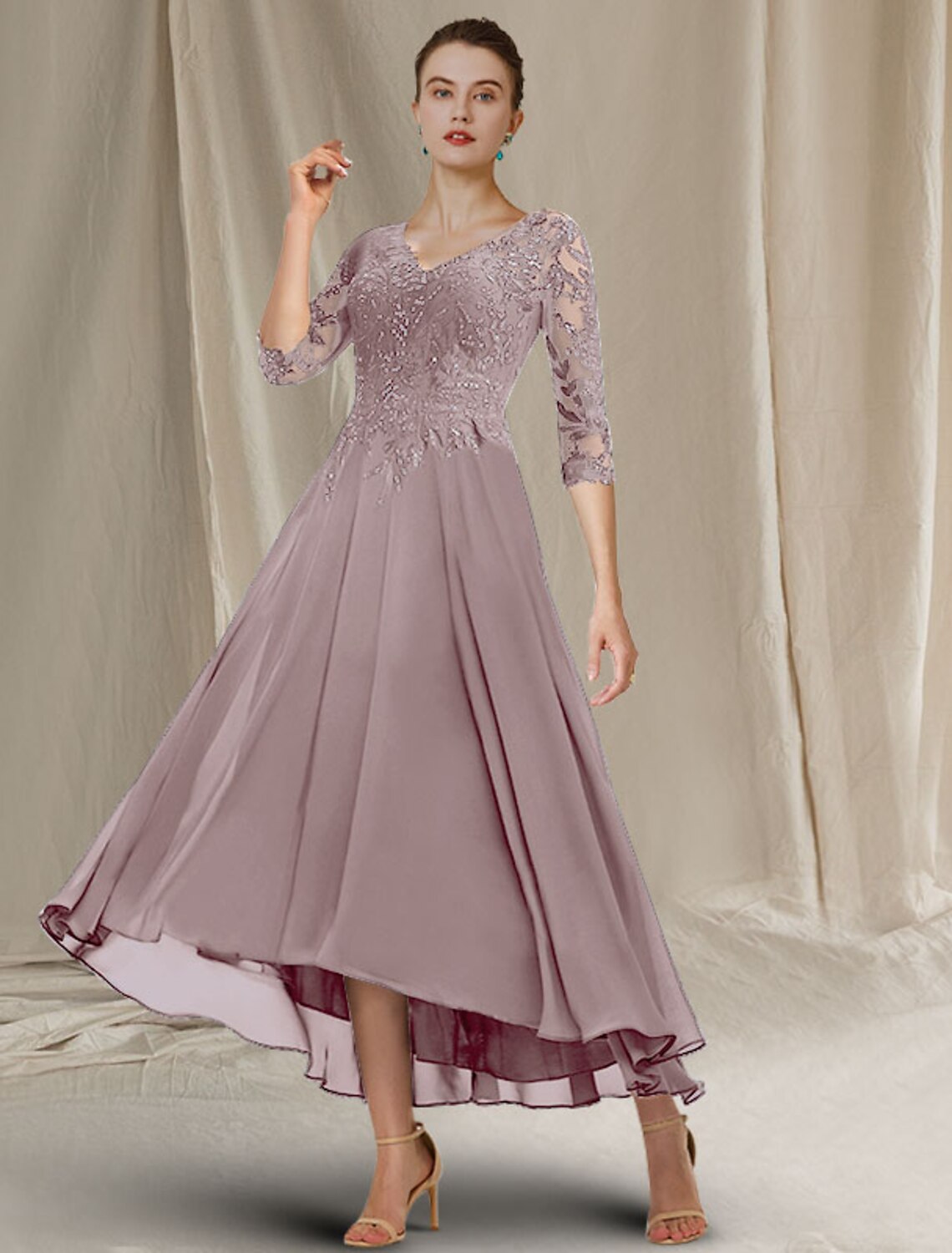 A-Line Mother of the Bride Dress Elegant Sparkle & Shine High Low V Neck Asymmetrical Tea Length Chiffon Lace Half Sleeve with Sequin Ruffles Appliques