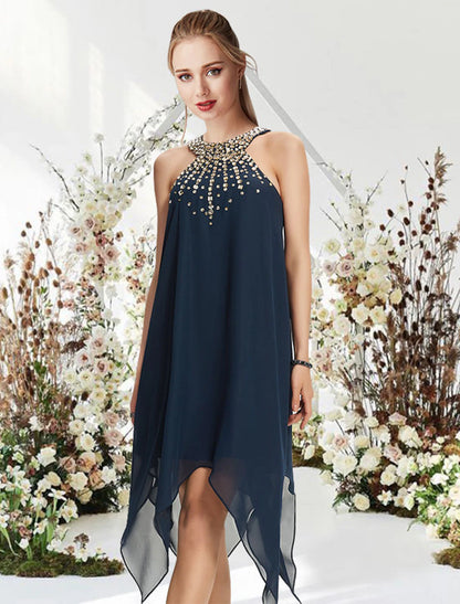 A-Line Cocktail Dresses Flirty Dress Wedding Guest Cocktail Party Asymmetrical Sleeveless Halter Neck Chiffon with Crystals Beading
