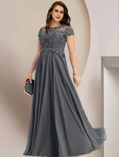 Plus Size Curve Mother of the Bride Dress Wedding Guest Elegant Party Jewel Neck Floor Length Chiffon Lace Short Sleeve with Pleats Sequin