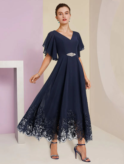 A-Line Mother of the Bride Dress Formal Fall Wedding Guest Elegant V Neck Tea Length Chiffon Lace Short Sleeve with Appliques Crystal Brooch