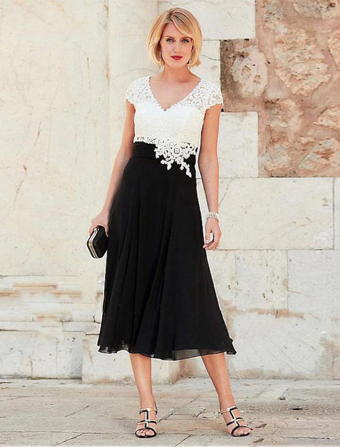 A-Line Mother of the Bride Dress Plus Size V Neck Tea Length Chiffon Lace Short Sleeve with Lace Ruching