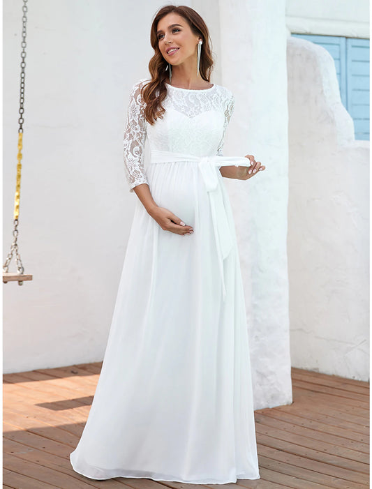 A-Line Evening Gown Maternity Dress Formal Evening Floor Length Half Sleeve Jewel Neck Chiffon with Lace Insert Pure Color