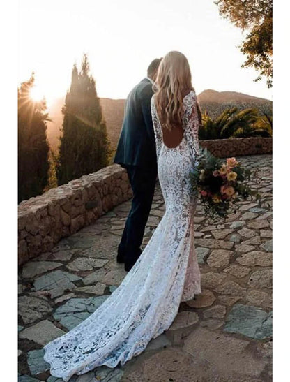 Beach Open Back Boho Wedding Dresses Mermaid / Trumpet V Neck Long Sleeve Court Train Lace Bridal Gowns With Appliques
