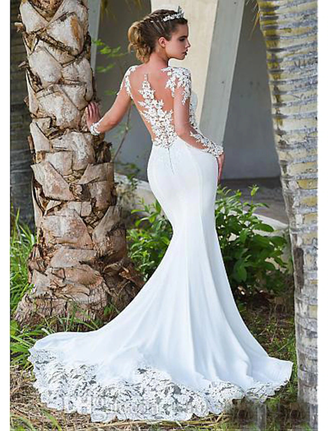 Engagement Open Back Formal Fall Wedding Dresses Mermaid / Trumpet Illusion Neck Long Sleeve Court Train Lace Bridal Gowns With Appliques Summer Wedding Party
