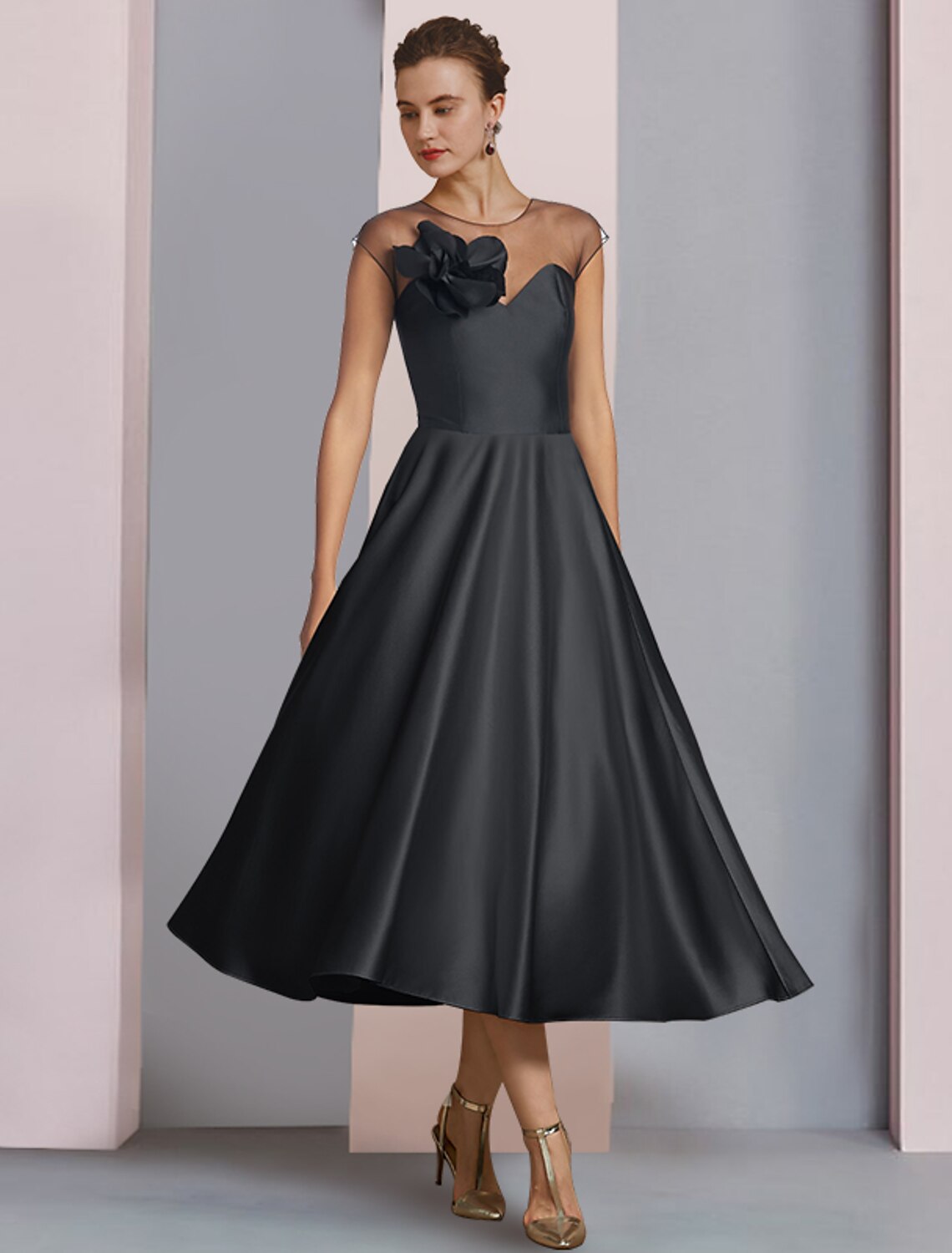 A-Line Mother of the Bride Dress Wedding Guest Elegant Party Scoop Neck Tea Length Satin Half Sleeve with Pleats Flower