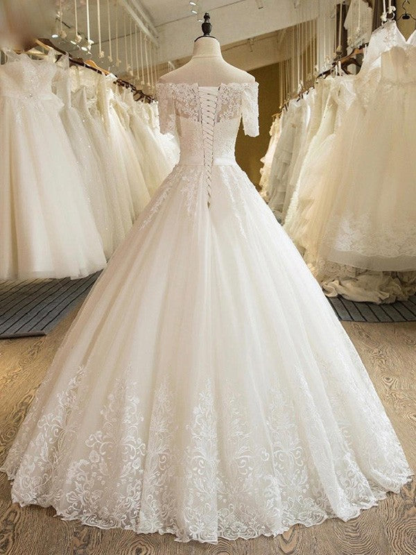 Ball Gown 1/2 Sleeves Off-the-Shoulder Floor-Length Applique Lace Tulle Wedding Dresses