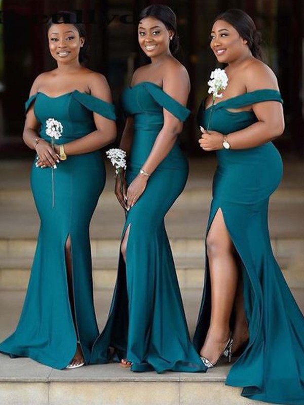 Sheath/Column Off-the-Shoulder Jersey Sleeveless Ruched Sweep/Brush Train Bridesmaid Dresses