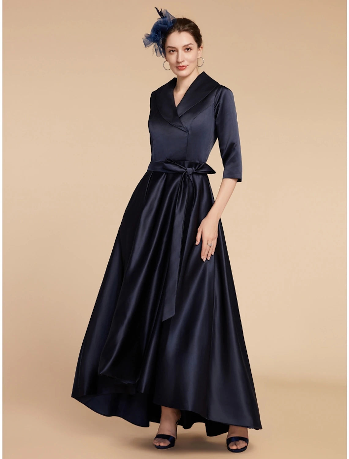 A-Line Mother of the Bride Dress Wedding Guest Elegant V Neck Ankle Length Satin Half Sleeve with Sash / Ribbon Ruching Solid Color